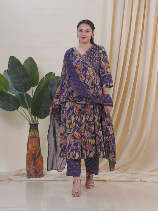 Embroidered Soft Cotton Floral Angrakha Blue Kurta