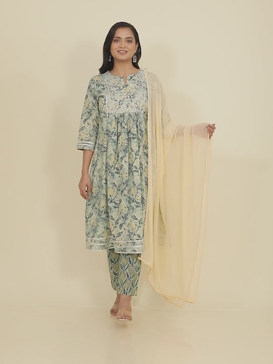 Soft Cotton Floral Panelled Green Kurta