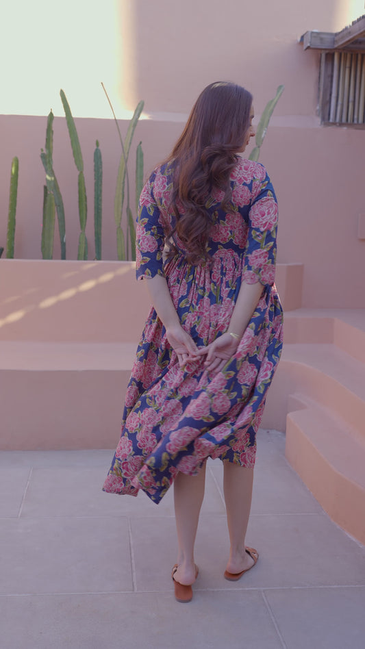 Soft Cotton Floral Flared Blue Dress