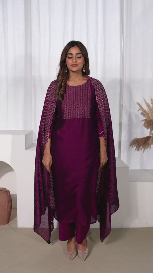Embroidered Blended Silk Solid Straight Purple Kurta