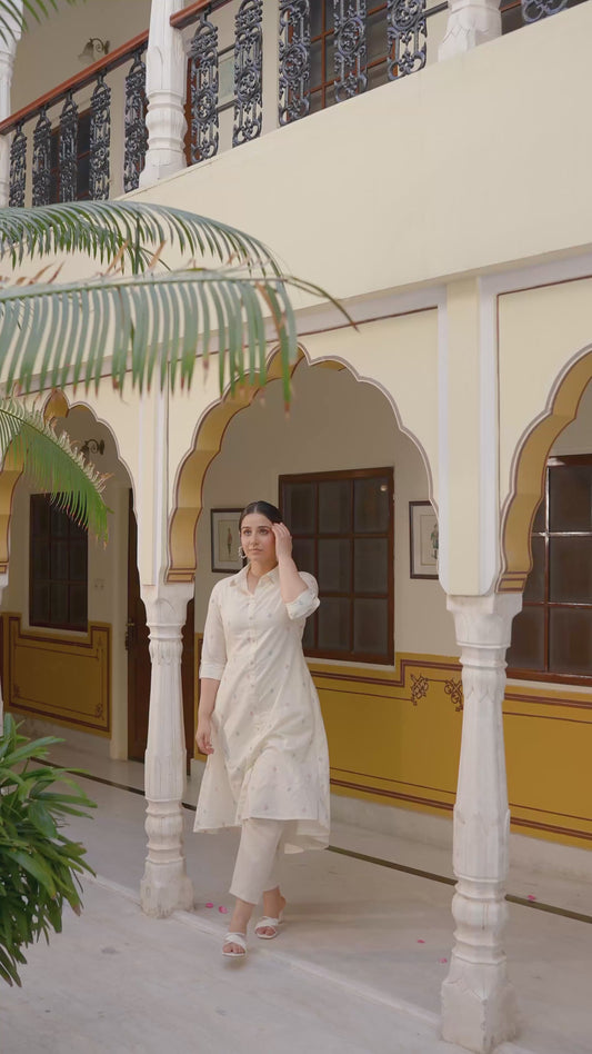 Soft Cotton Geometric Flared Cream Kurta