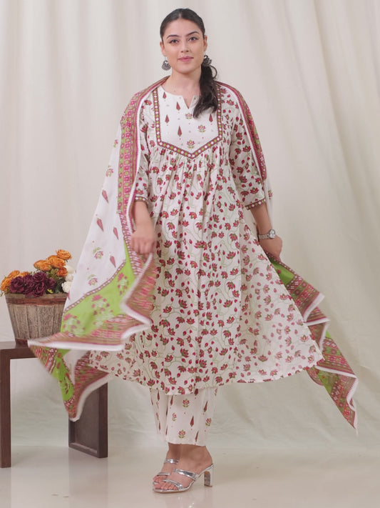 Soft Cotton Floral Flared Off White Kurta