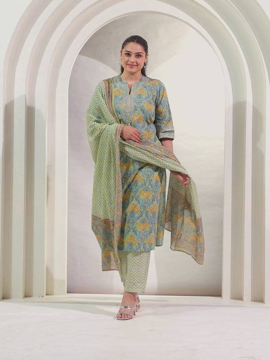 Embroidered Soft Cotton Floral Straight Green Kurta