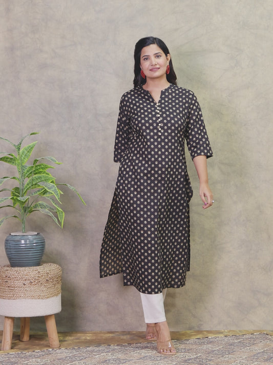 Soft Cotton Butti Straight Black Kurta