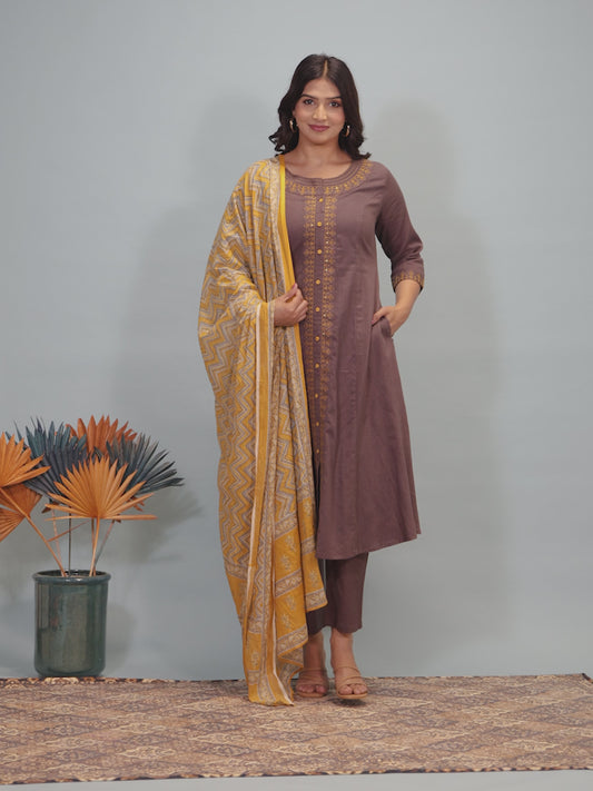 Linen Cotton Solid A-line Brown Kurta