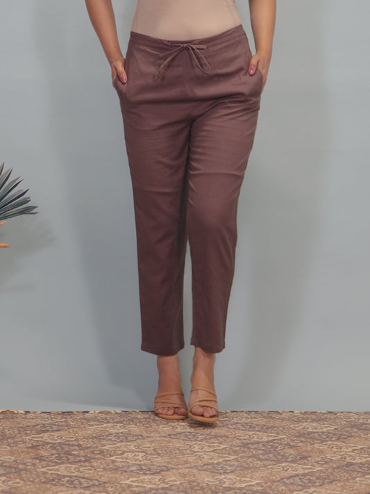 Linen Cotton Solid Brown Tapered Trousers
