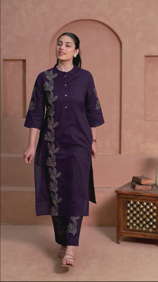 Embroidered Soft Cotton Solid Straight Violet Kurta