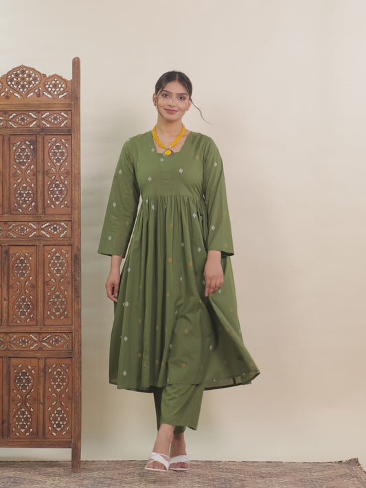 Soft Cotton Geometric Anarkali Green Kurta