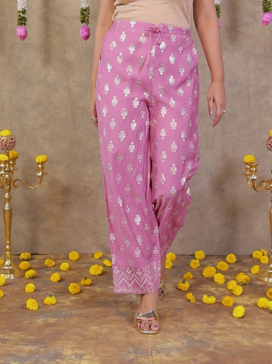 Chanderi Gold foil Pink Straight Trousers