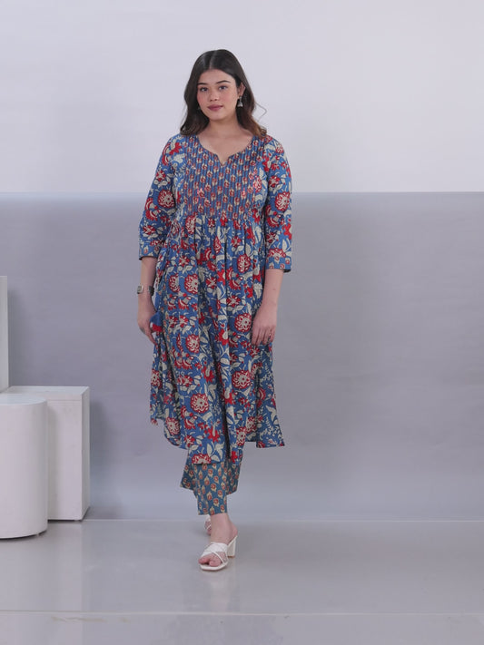 Embroidered Soft Cotton Floral Flared Teal Kurta