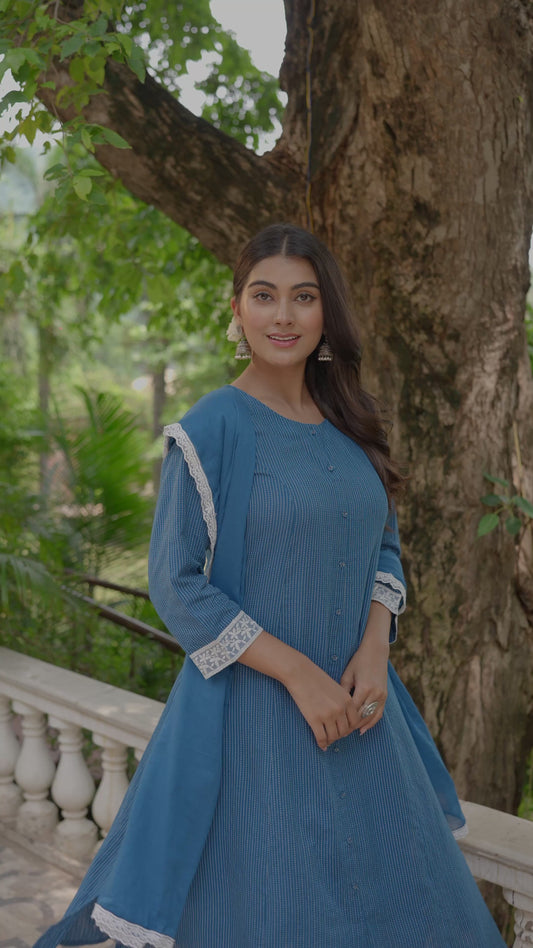 Kantha Cotton Solid A-line Blue Kurta