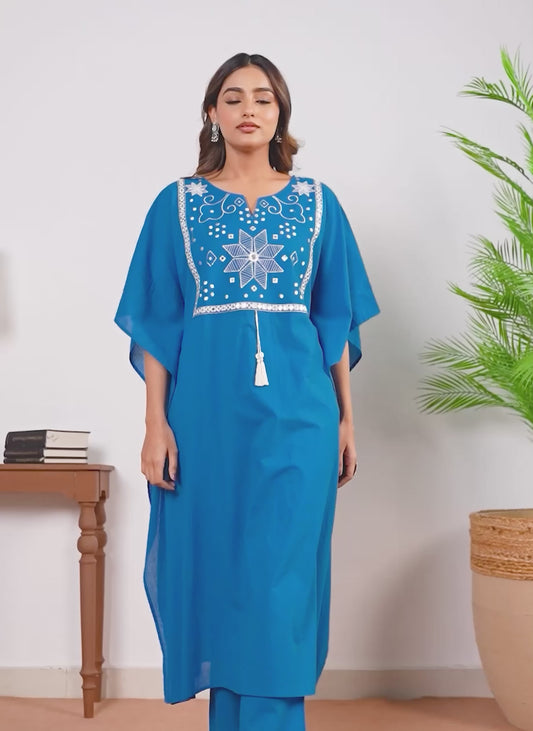 Embroidered Soft Cotton Solid Kaftan Blue Kurta