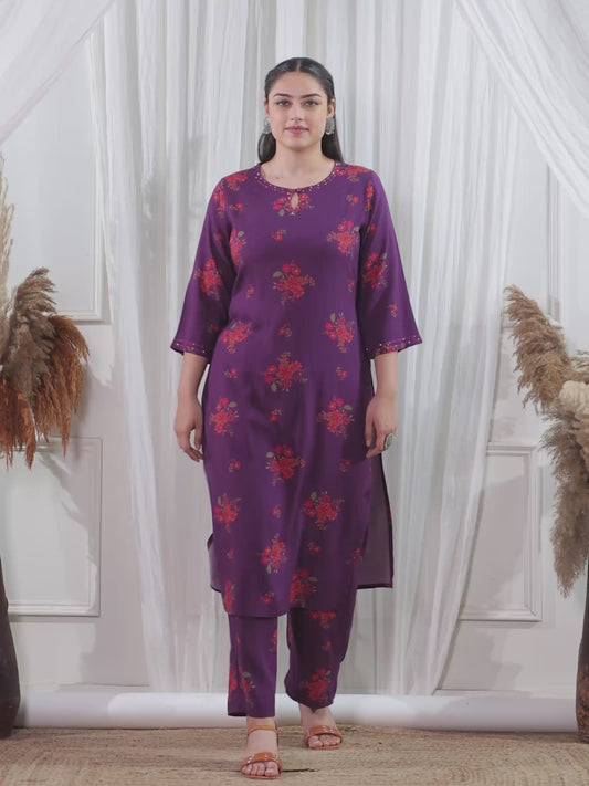 Embroidered Viscose Floral Straight Purple Kurta