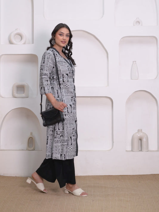Soft Cotton Patchwork A-line Black Kurta