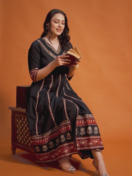 Embroidered Soft Cotton Solid Anarkali Black Kurta