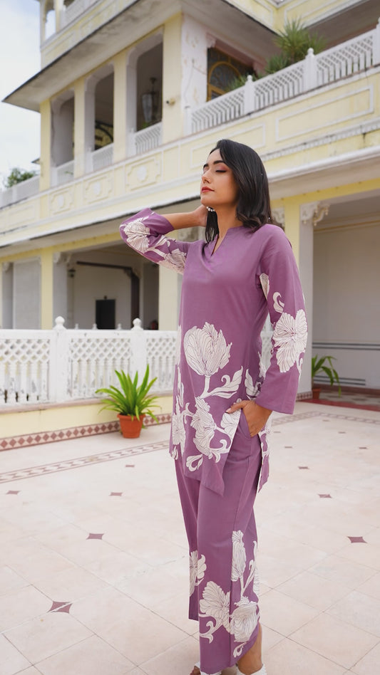 Soft Cotton Placement Print Straight Purple Coord