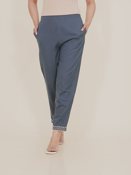 Linen Cotton Solid Blue Tapered Trousers