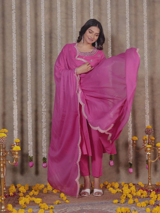 Linen Cotton Solid Anarkali Pink Kurta