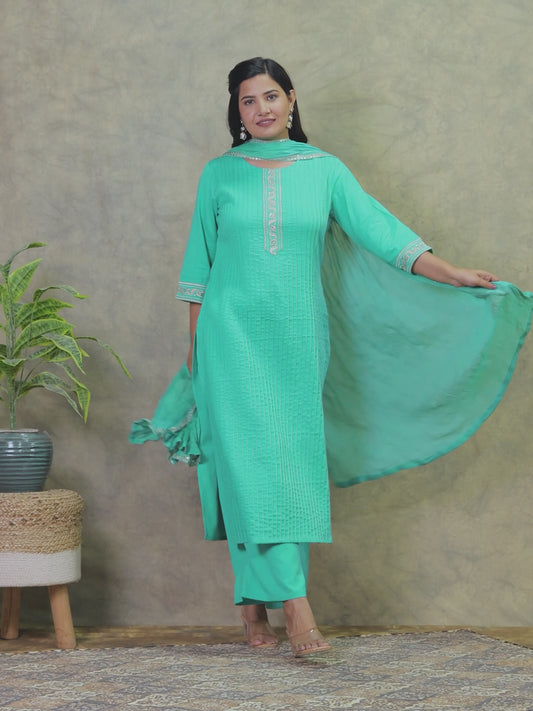 Embroidered Linen Cotton Solid Straight Sea Green Kurta