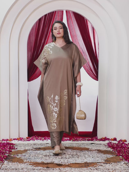 Chanderi Gold Foil Print Kaftan Brown Kurta