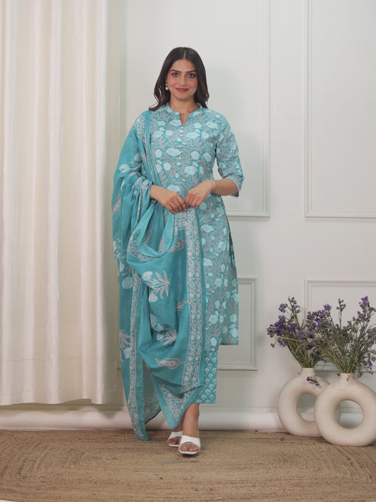 Soft Cotton Floral Straight Blue Kurta