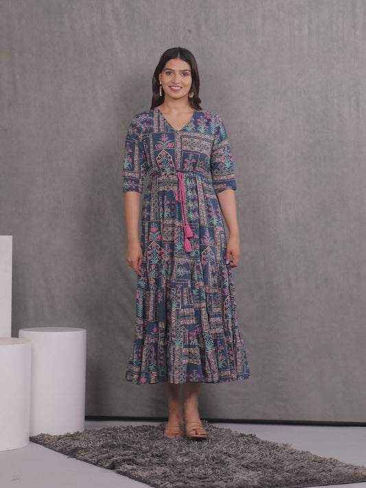 Soft Cotton Patchwork Anarkali Blue Dress