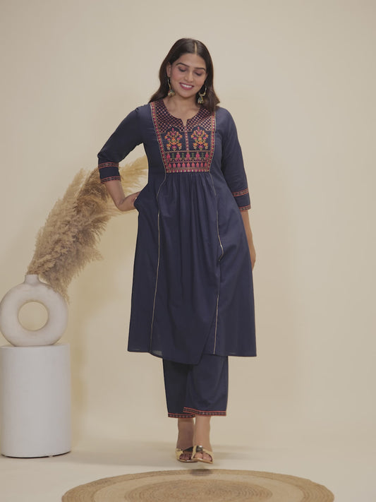 Embroidered Soft Cotton Solid Flared Grey Kurta