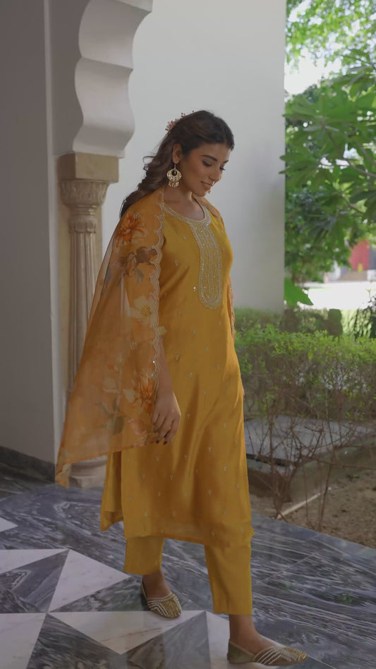 Embroidered Blended Silk Solid Straight Mustard Kurta