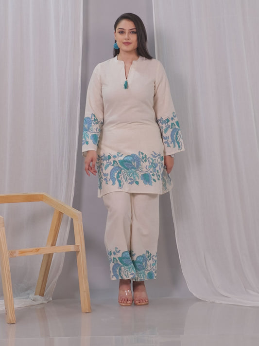 Linen Cotton Placement Print Straight Off White Kurta