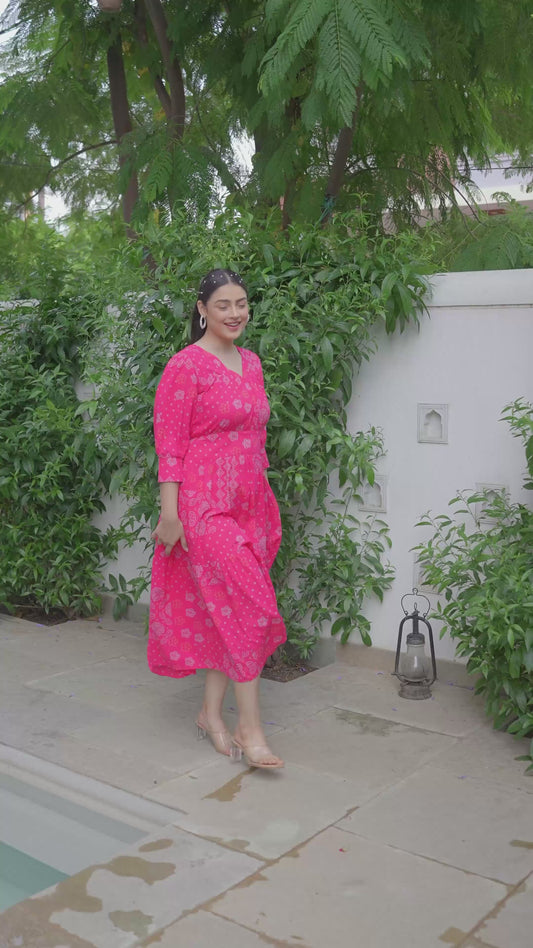 Soft Cotton Bandhani Gathered Pink Dress