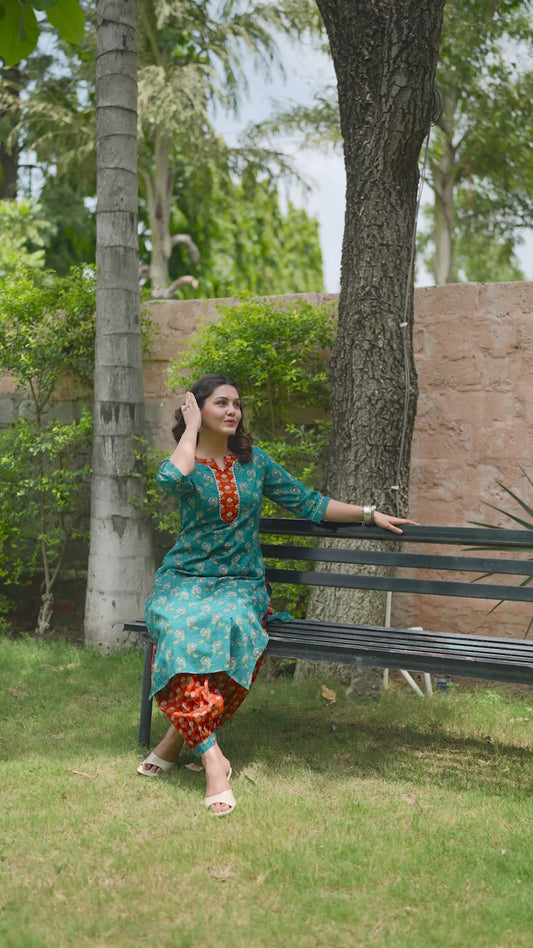 Embroidered Soft Cotton Floral Straight Turquoise