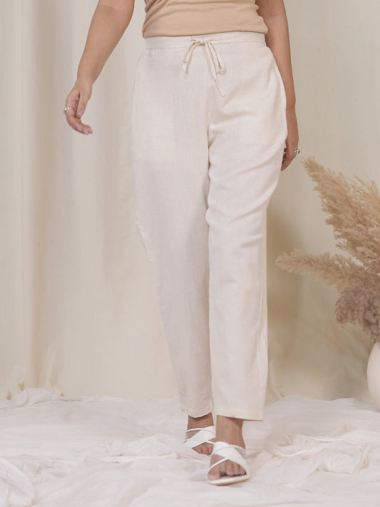 Linen Cotton Solid Cream Tapered Trousers