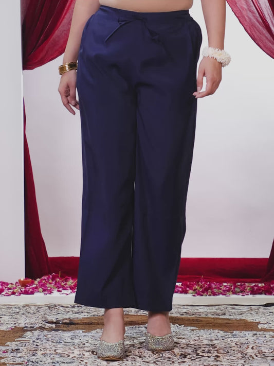 Poly Chanderi Solid Blue Straight Trousers