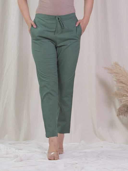 Soft Cotton Solid Green Tapered Trousers