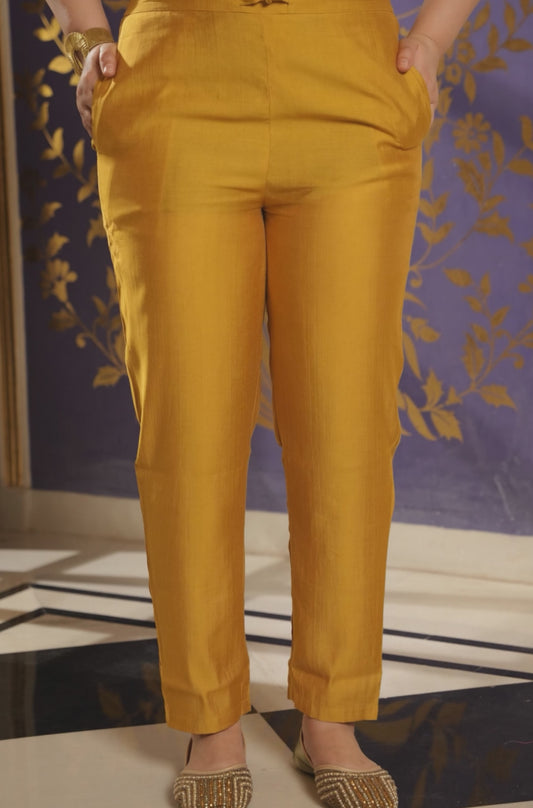 Blended Silk Solid Yellow Tapered Trousers