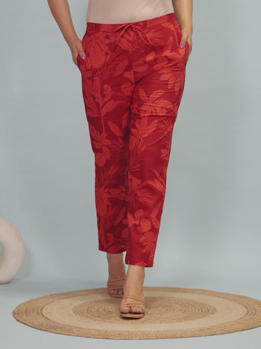 Soft Cotton Foliage Red Tapered Trousers