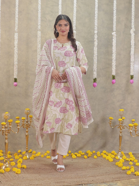 Linen Cotton Floral Straight Off White Kurta