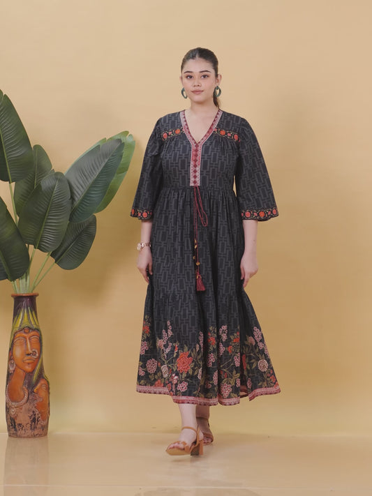 Soft Cotton Placement Print Flared Black Dress