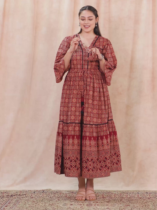 Soft Cotton Geometric Gathered Rust Dress
