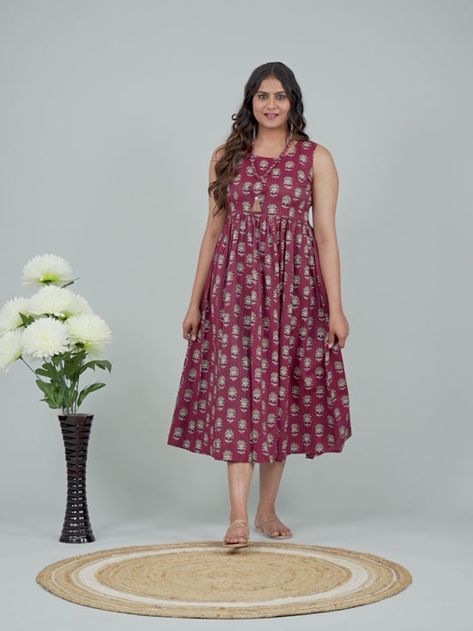 Kantha Cotton Floral Gathered Purple Dress with Necklace