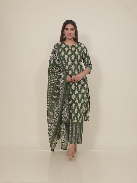Soft Cotton Floral Straight Green Kurta