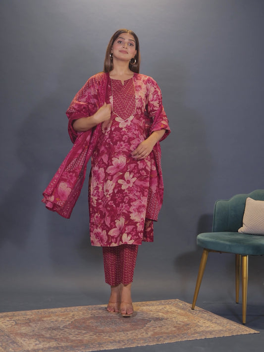 Soft Cotton Floral Straight Dark Pink Kurta