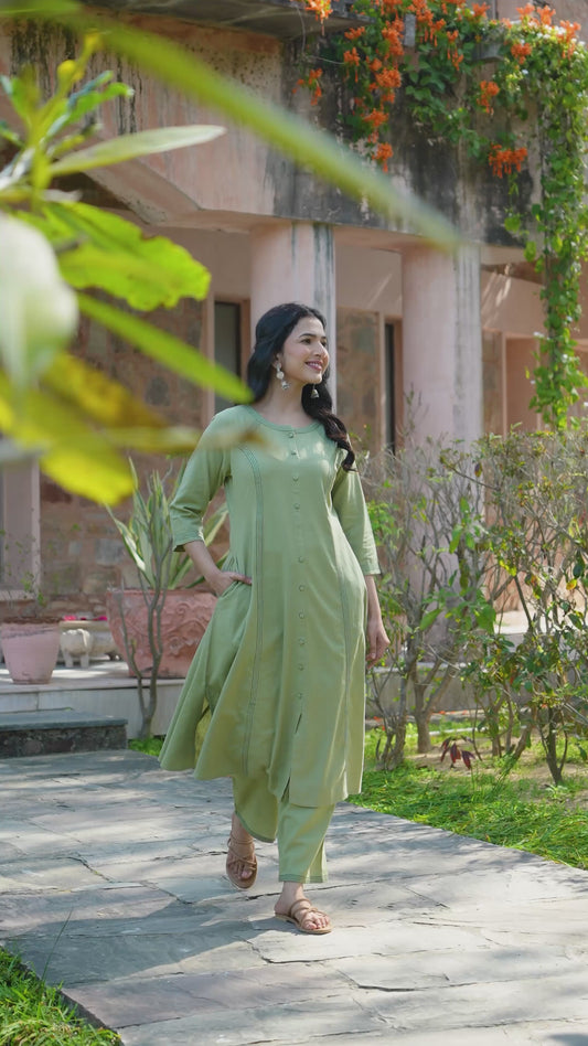 Embroidered Linen Cotton Solid A-line Green Kurta