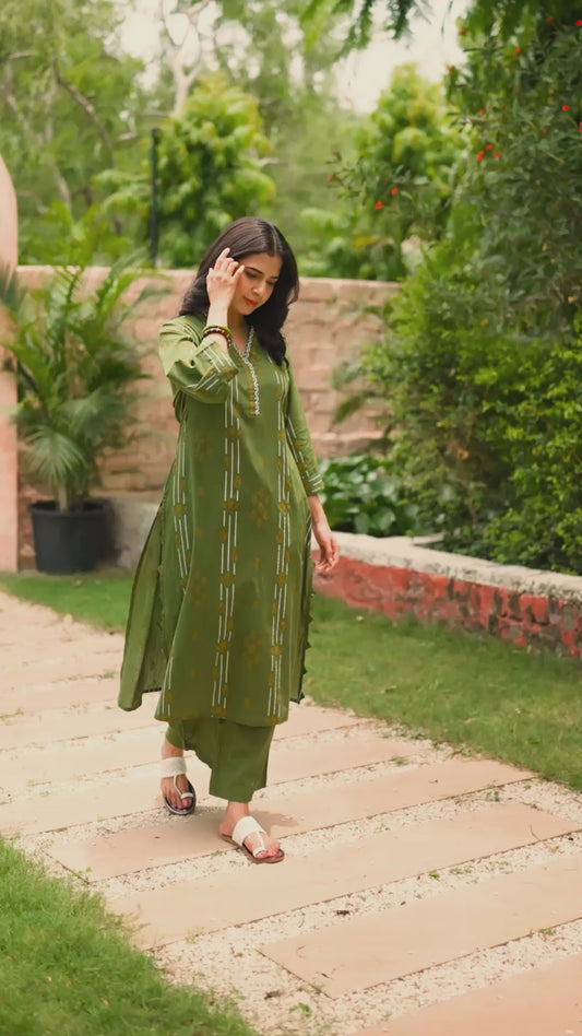 Soft Cotton Geometric A-line Green Kurta