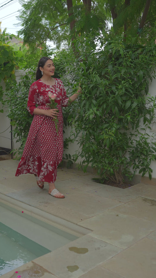 Soft Cotton Floral Anarkali Maroon Dress
