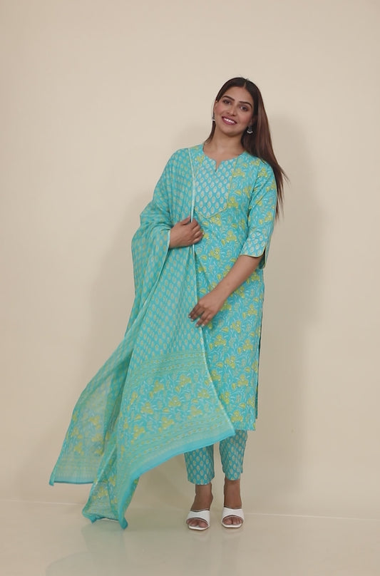 Soft Cotton Floral Straight Blue Kurta
