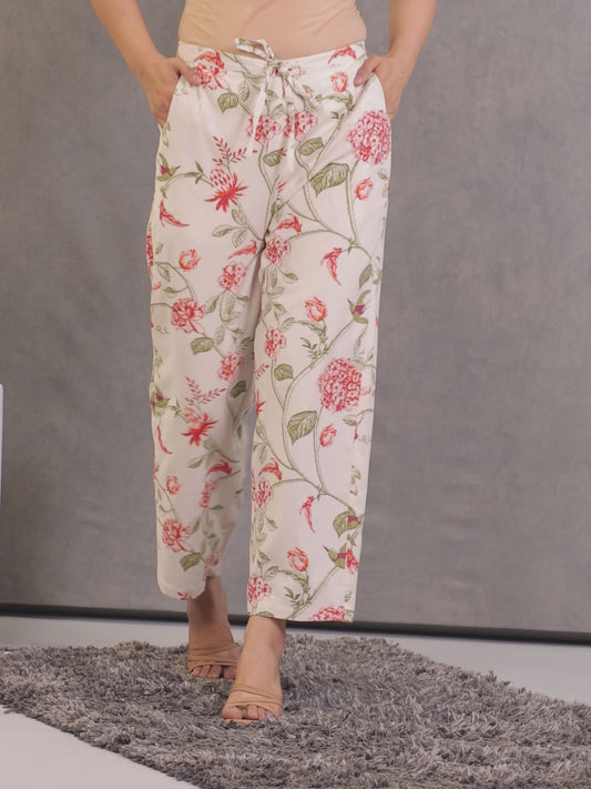 Linen Cotton Floral Off White Straight Trousers