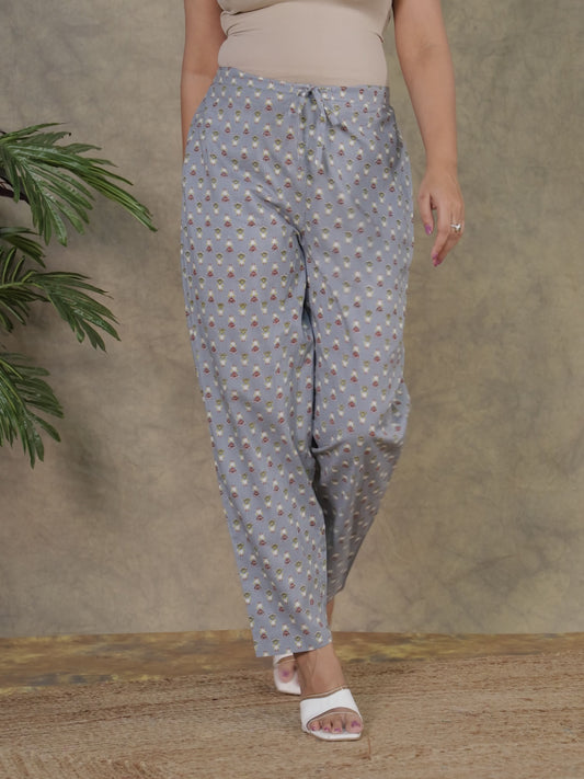 Soft Cotton Floral Grey Flared Flared Trousers