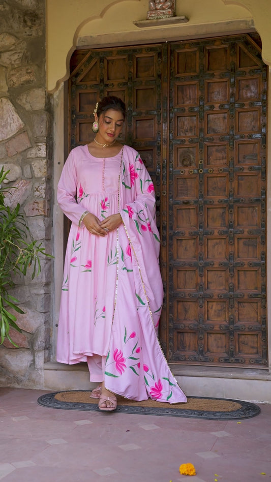 Blended Silk Floral Anarkali Pink Kurta