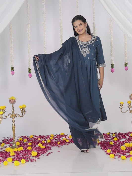 Embroidered Cotton Dobby Solid A-line Blue Kurta